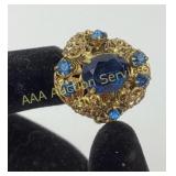 Czech filigree & blue rhinestone ring adjustable