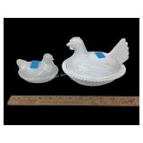 Milk glass hens on nests.