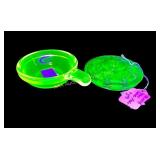 Uranium glass ashtray. uranium glass flower frog.