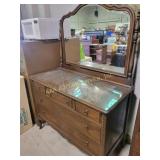 Wooden dresser and mirror, with glass top, total