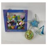 Art glass  paperweights. Framed glass pieces.