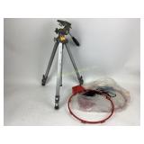 Focal metal camera tripod, dirty. Two red metal