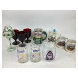 Red glass goblet glasses. Budweiser mug, PRIMO