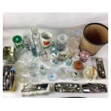 Decanters, cruets, hobnail frosted vase,