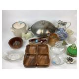 Wok, milk glass egg tray, wooden dived tray