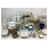 Gibson plates, bowls, cups and saucers. Oil lamps