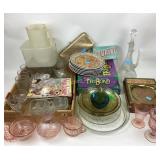 Pink depression glass, iridescent glass goblet,