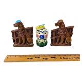 Clown coin porcelain bank, dog bookends,