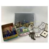 Brass keys, McDolalds Grimace plate, wolf clock,