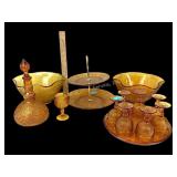 Golden glass tiara. Bowls, goblets, tray,