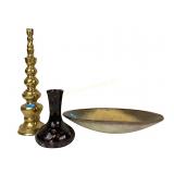 Brass holder, wooden oblong bowl and drip glaze