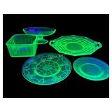 Uranium glass items. Plate has chip.