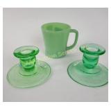 Uranium glass candlestick holders etched. Fire