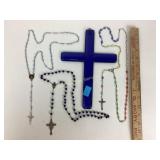 3 Rosaries. Art glass cross wall hanging.