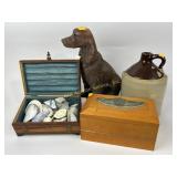 Stoneware jug.  Cocker spaniel statue.