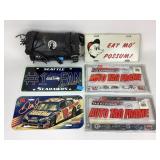 Vanity license plates. Leather case for a bike.