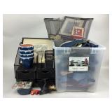 Wire shopping basket, crocheted doilies, metal