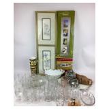 Assorted Decor and Glassware Lot with Framed Art