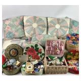 Quilt, pillows, and sewing supplies lot