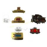 Railroad hat badges, tags, belt buckle and