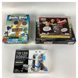 Beer pong game, Angry Birds game, tin can robot