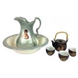 Ironstone Pitcher Bowl Set and Black Teapot with C
