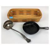 Longaberger basket, Wm. Rogers ladle, cast iron sk
