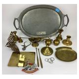 Hammered aluminum tray with mixed brass items