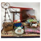 Rugs, Folding Tables, Plates, Glassware, and Decor