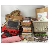 Books, cards, wooden wagon, bags, pillow lot
