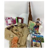 Womenï¿½s suede jacket sz M).  Wood sculpture.