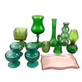 Collection of Green and Pink Glassware and Decor