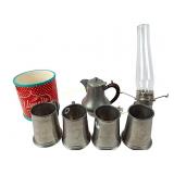 Pewter Items, Oil Lamp, and Utensils Set