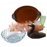 Pink Depression and Wooden Tray Collection