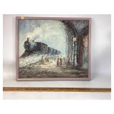 Framed train station oil painting