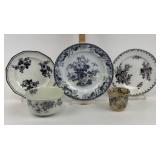 Staffordshire Flow Mulberry Plates, Cup, and Bowl