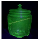 Green Depression Glass Jar with Lid, Uranium Glass