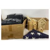Lot: Stereo System, Birdhouses, and Folded Flag