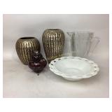 Ceramic Vases, Glass Bowl, Pitcher, and Lidded Jar