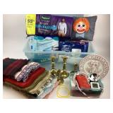 Brass candlesticks, scarves, depends