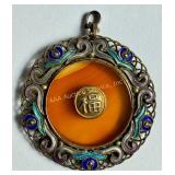 Antique Chinese enameled silver filigree and agate