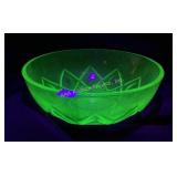 Green uranium glass bowl with geometric design