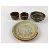 Stoneware signed pottery bowls and plate