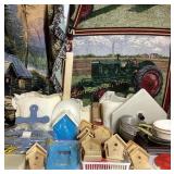 3 pillows, 2 blankets, wooden crafts, and cookware