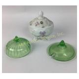 Milk glass candy dish and uranium glass lids