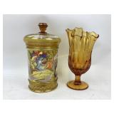 Amber Glass Hand Painted Jar and Vase Set