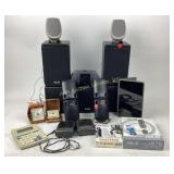KLH audio speakers and subwoofer, clocks