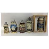 Beer steins with lids, various designs, including
