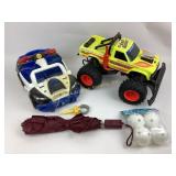 Radio Shack monster truck, police toy car, umbrell