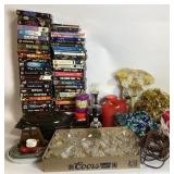 VHS Tapes, DVDs, Glassware, Roasting Pan, and Deco